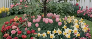 A photo of a small flower garden arrangement around a tree. There are various flowers in bloom, including roses, tulips, and daffodils. The flowers are in a rainbow of colors, including red, pink, yellow, and white. The flowers are arranged in a circular pattern around the tree. The tree has green leaves and is in the center of the flower garden. The ground is covered with green grass. The background contains a white fence and a few buildings.