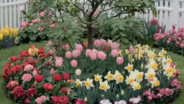 A photo of a small flower garden arrangement around a tree. There are various flowers in bloom, including roses, tulips, and daffodils. The flowers are in a rainbow of colors, including red, pink, yellow, and white. The flowers are arranged in a circular pattern around the tree. The tree has green leaves and is in the center of the flower garden. The ground is covered with green grass. The background contains a white fence and a few buildings.