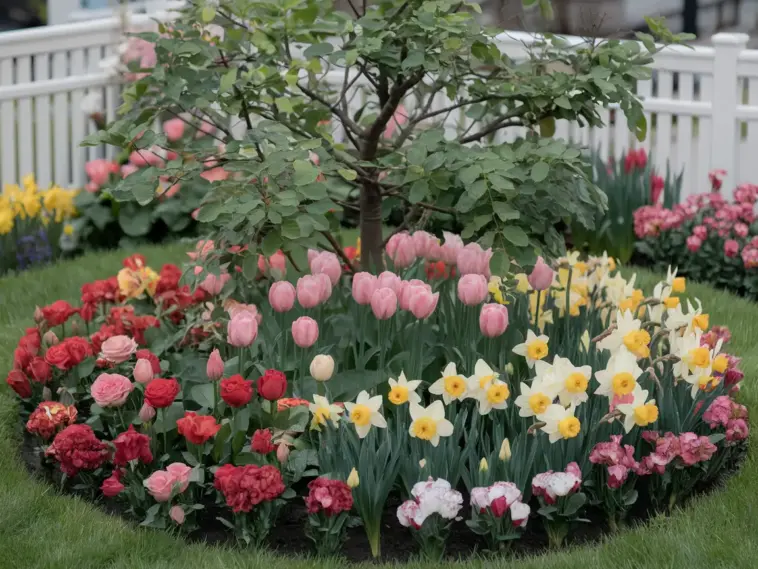 A photo of a small flower garden arrangement around a tree. There are various flowers in bloom, including roses, tulips, and daffodils. The flowers are in a rainbow of colors, including red, pink, yellow, and white. The flowers are arranged in a circular pattern around the tree. The tree has green leaves and is in the center of the flower garden. The ground is covered with green grass. The background contains a white fence and a few buildings.