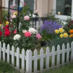 A photo of a small flower garden at home. There is a white picket fence enclosing the garden. Inside the fence, there are various flowers in bloom. There are red, pink, and white roses, yellow daffodils, purple lavender, and orange marigolds. The ground is covered with green grass. The background contains a building with a few windows. The lighting is soft.