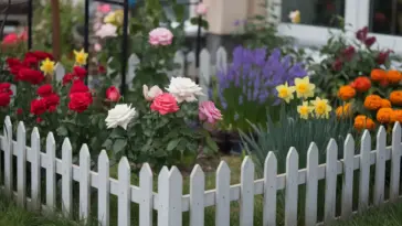 A photo of a small flower garden at home. There is a white picket fence enclosing the garden. Inside the fence, there are various flowers in bloom. There are red, pink, and white roses, yellow daffodils, purple lavender, and orange marigolds. The ground is covered with green grass. The background contains a building with a few windows. The lighting is soft.