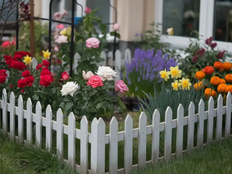 A photo of a small flower garden at home. There is a white picket fence enclosing the garden. Inside the fence, there are various flowers in bloom. There are red, pink, and white roses, yellow daffodils, purple lavender, and orange marigolds. The ground is covered with green grass. The background contains a building with a few windows. The lighting is soft.