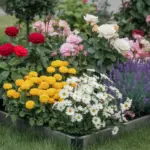 A photo of a small flower garden bed filled with a variety of flowers in full bloom. There are red, pink, and white roses, yellow marigolds, purple lavender, and white daisies. The roses are in full bloom, with large, round flowers. The marigolds have a bright yellow hue. The lavender has a purple hue and is in full bloom. The daisies have a white hue and are in full bloom. The garden bed is surrounded by green grass and has a wooden border. The background contains a few trees.