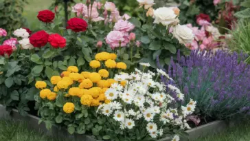 A photo of a small flower garden bed filled with a variety of flowers in full bloom. There are red, pink, and white roses, yellow marigolds, purple lavender, and white daisies. The roses are in full bloom, with large, round flowers. The marigolds have a bright yellow hue. The lavender has a purple hue and is in full bloom. The daisies have a white hue and are in full bloom. The garden bed is surrounded by green grass and has a wooden border. The background contains a few trees.