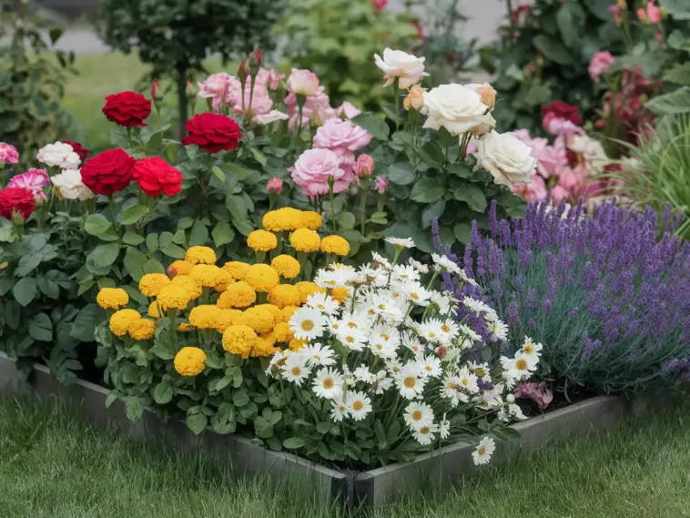 A photo of a small flower garden bed filled with a variety of flowers in full bloom. There are red, pink, and white roses, yellow marigolds, purple lavender, and white daisies. The roses are in full bloom, with large, round flowers. The marigolds have a bright yellow hue. The lavender has a purple hue and is in full bloom. The daisies have a white hue and are in full bloom. The garden bed is surrounded by green grass and has a wooden border. The background contains a few trees.