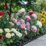 A photo of a small flower garden border with a mix of flowers. There are red and yellow roses, purple and white daisies, pink and white peonies, and yellow sunflowers. The flowers are arranged in a border along a path. The background contains green trees and a white building. The ground is covered with dark mulch.