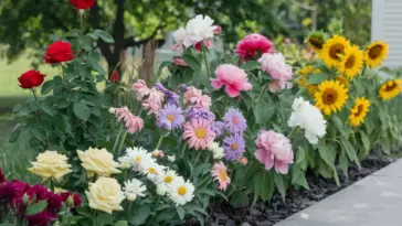 A photo of a small flower garden border with a mix of flowers. There are red and yellow roses, purple and white daisies, pink and white peonies, and yellow sunflowers. The flowers are arranged in a border along a path. The background contains green trees and a white building. The ground is covered with dark mulch.