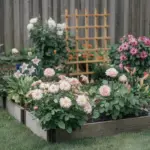 A photo of a small flower garden in a backyard. There are various flowers in full bloom, including roses, daisies, and lilies. The flowers are planted in raised beds, and there is a wooden trellis in the garden. The ground is covered with green grass. There are also some gardening tools and a watering can near the beds. The background is a wooden fence.