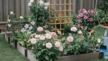 A photo of a small flower garden in a backyard. There are various flowers in full bloom, including roses, daisies, and lilies. The flowers are planted in raised beds, and there is a wooden trellis in the garden. The ground is covered with green grass. There are also some gardening tools and a watering can near the beds. The background is a wooden fence.