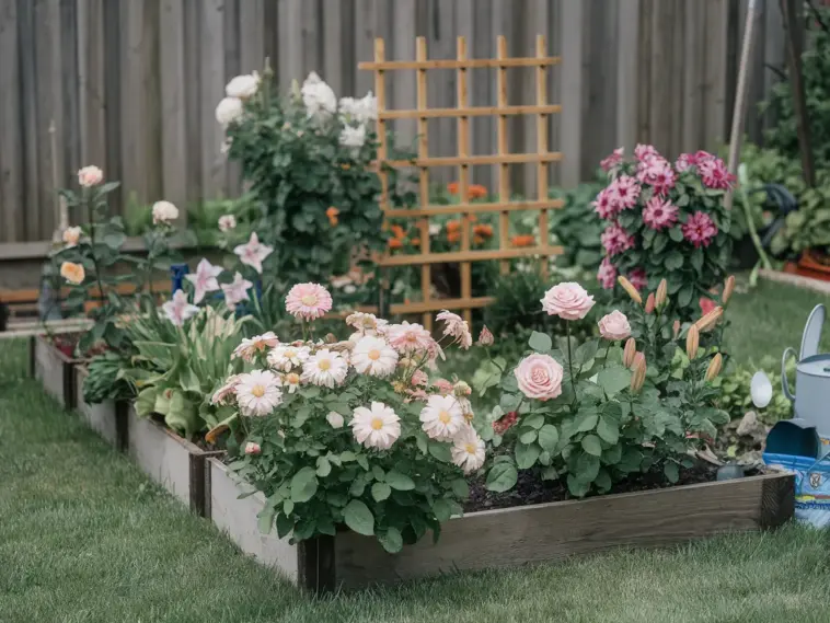 A photo of a small flower garden in a backyard. There are various flowers in full bloom, including roses, daisies, and lilies. The flowers are planted in raised beds, and there is a wooden trellis in the garden. The ground is covered with green grass. There are also some gardening tools and a watering can near the beds. The background is a wooden fence.