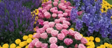 A photo of a unique flower garden design with a color combination of pink, purple, blue, and yellow flowers. There are pink roses, purple lavender, blue delphiniums, and yellow marigolds. The flowers are arranged in a pattern, with the pink roses in the center, surrounded by purple lavender, blue delphiniums, and yellow marigolds. The background is a lush green lawn.