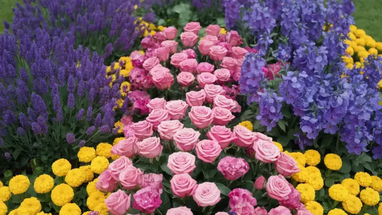 A photo of a unique flower garden design with a color combination of pink, purple, blue, and yellow flowers. There are pink roses, purple lavender, blue delphiniums, and yellow marigolds. The flowers are arranged in a pattern, with the pink roses in the center, surrounded by purple lavender, blue delphiniums, and yellow marigolds. The background is a lush green lawn.