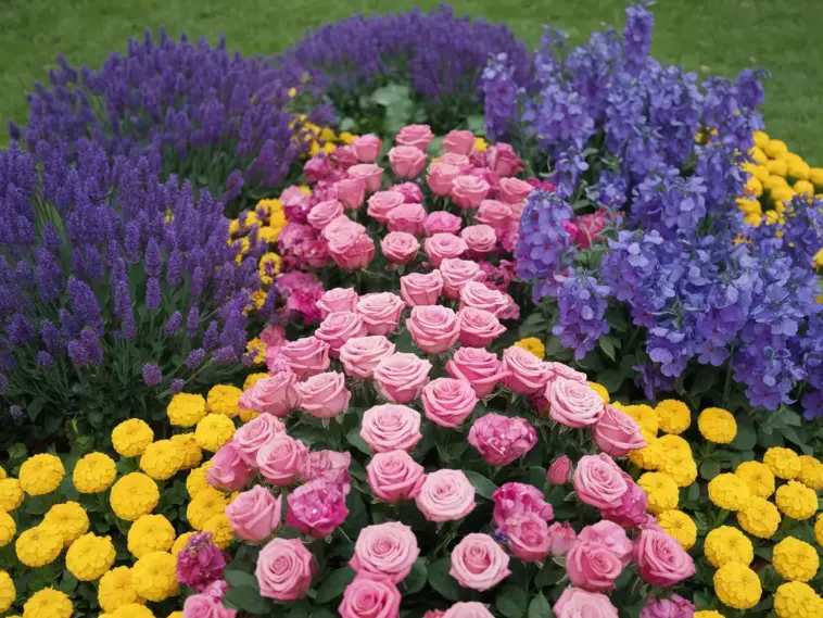 A photo of a unique flower garden design with a color combination of pink, purple, blue, and yellow flowers. There are pink roses, purple lavender, blue delphiniums, and yellow marigolds. The flowers are arranged in a pattern, with the pink roses in the center, surrounded by purple lavender, blue delphiniums, and yellow marigolds. The background is a lush green lawn.