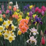 A photo of a variety of spring flowers, including tulips, daffodils, and irises, in full bloom. The flowers are in a garden and are in various colors, including yellow, orange, pink, and purple. There are butterflies with orange and black wings resting on the flowers. The background is a green fence. The overall image is bright and cheerful.