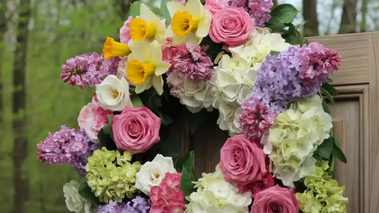 A photo of a wreath made of vibrant spring flowers. The wreath is placed on a wooden door. The flowers include bright yellow daffodils, pink and white roses, purple lilacs, and white and green hydrangeas. The background is a lush green forest. The lighting is soft.