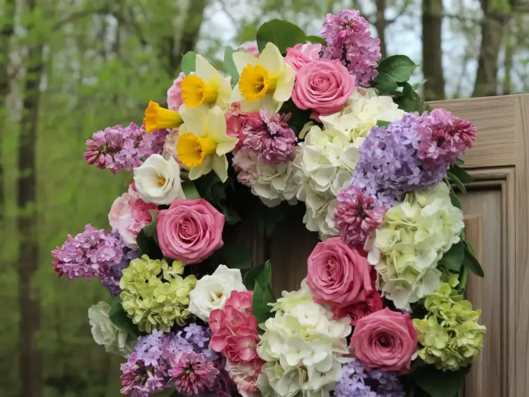 A photo of a wreath made of vibrant spring flowers. The wreath is placed on a wooden door. The flowers include bright yellow daffodils, pink and white roses, purple lilacs, and white and green hydrangeas. The background is a lush green forest. The lighting is soft.