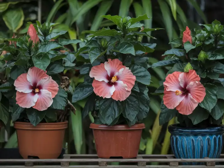 A photo of hibiscus flowers in pots. There are three pots, each with a hibiscus plant. The flowers are large and red, with a yellow center. The leaves are dark green. The pots are placed on a wooden platform. The background is a lush green plant.