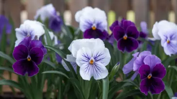 A photo of low-maintenance spring flowers. There are white and purple flowers with green leaves. The flowers have a simple and elegant design. The background is a wooden fence. The image has a soft focus.