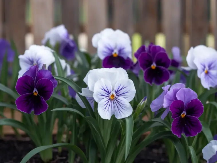 A photo of low-maintenance spring flowers. There are white and purple flowers with green leaves. The flowers have a simple and elegant design. The background is a wooden fence. The image has a soft focus.