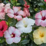 A photo of various hibiscus flower varieties. There are hibiscus flowers in shades of pink, red, white, and yellow. The flowers are large and have a trumpet-shaped structure. The background is a green bush. The photo has soft lighting.