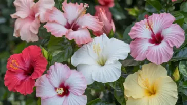 A photo of various hibiscus flower varieties. There are hibiscus flowers in shades of pink, red, white, and yellow. The flowers are large and have a trumpet-shaped structure. The background is a green bush. The photo has soft lighting.