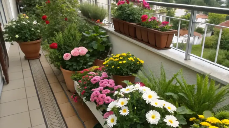 A small flower garden balcony features colorful potted roses, petunias, and daisies arranged along a beige wall, with terracotta and white planters placed on both the tiled floor and wooden boxes. The metal-railed space overlooks a tree-lined landscape.