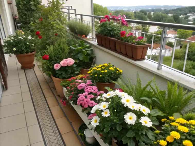 A small flower garden balcony features colorful potted roses, petunias, and daisies arranged along a beige wall, with terracotta and white planters placed on both the tiled floor and wooden boxes. The metal-railed space overlooks a tree-lined landscape.