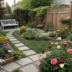 A beginner-friendly small flower garden featuring a winding stone path leading to a white bench. The garden showcases easy-to-grow flowers like peonies, marigolds, and roses in pink, yellow, and orange, with a neat lawn and decorative fence - perfect inspiration for new gardeners.