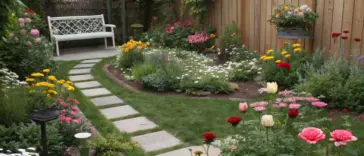 A beginner-friendly small flower garden featuring a winding stone path leading to a white bench. The garden showcases easy-to-grow flowers like peonies, marigolds, and roses in pink, yellow, and orange, with a neat lawn and decorative fence - perfect inspiration for new gardeners.