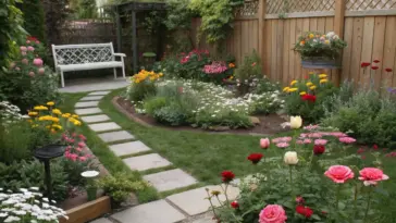 A beginner-friendly small flower garden featuring a winding stone path leading to a white bench. The garden showcases easy-to-grow flowers like peonies, marigolds, and roses in pink, yellow, and orange, with a neat lawn and decorative fence - perfect inspiration for new gardeners.