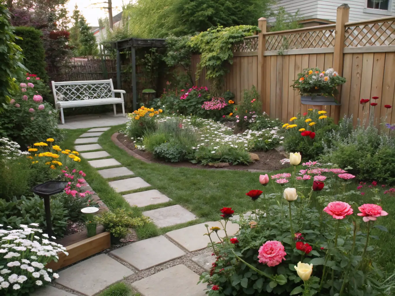A beginner-friendly small flower garden featuring a winding stone path leading to a white bench. The garden showcases easy-to-grow flowers like peonies, marigolds, and roses in pink, yellow, and orange, with a neat lawn and decorative fence - perfect inspiration for new gardeners.