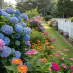 A lush hydrangea and zinnia garden flourishes along a white picket fence, featuring clusters of lavender hydrangeas and vibrant orange-red zinnias. The garden bed borders a manicured grass path, with pink and purple geraniums adding to the colorful display. A blue-sided house provides a backdrop to this meticulously maintained landscape, where the classic fence design and well-tended flowers create an inviting residential garden scene.