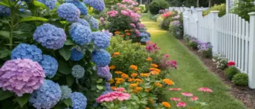 A lush hydrangea and zinnia garden flourishes along a white picket fence, featuring clusters of lavender hydrangeas and vibrant orange-red zinnias. The garden bed borders a manicured grass path, with pink and purple geraniums adding to the colorful display. A blue-sided house provides a backdrop to this meticulously maintained landscape, where the classic fence design and well-tended flowers create an inviting residential garden scene.