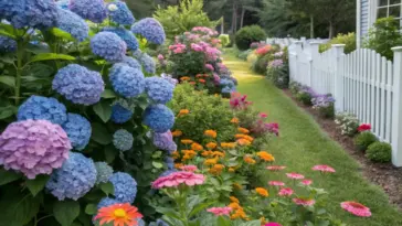 A lush hydrangea and zinnia garden flourishes along a white picket fence, featuring clusters of lavender hydrangeas and vibrant orange-red zinnias. The garden bed borders a manicured grass path, with pink and purple geraniums adding to the colorful display. A blue-sided house provides a backdrop to this meticulously maintained landscape, where the classic fence design and well-tended flowers create an inviting residential garden scene.