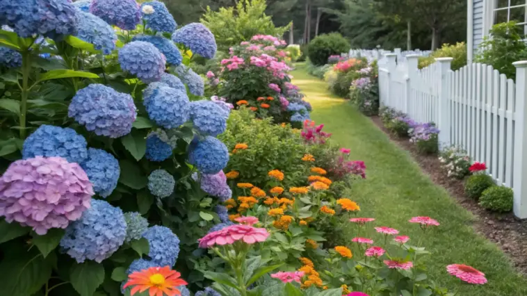 A lush hydrangea and zinnia garden flourishes along a white picket fence, featuring clusters of lavender hydrangeas and vibrant orange-red zinnias. The garden bed borders a manicured grass path, with pink and purple geraniums adding to the colorful display. A blue-sided house provides a backdrop to this meticulously maintained landscape, where the classic fence design and well-tended flowers create an inviting residential garden scene.