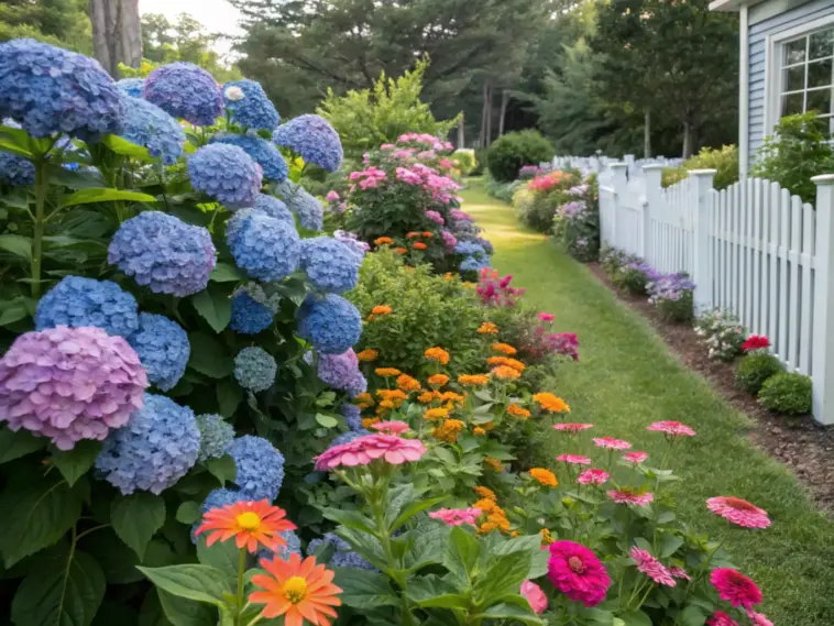 A lush hydrangea and zinnia garden flourishes along a white picket fence, featuring clusters of lavender hydrangeas and vibrant orange-red zinnias. The garden bed borders a manicured grass path, with pink and purple geraniums adding to the colorful display. A blue-sided house provides a backdrop to this meticulously maintained landscape, where the classic fence design and well-tended flowers create an inviting residential garden scene.