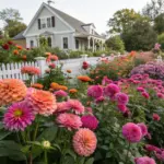 A flourishing zinnia and dahlia garden stretches along a white picket fence, featuring large double-petaled dahlias in peach, coral, orange, and pink hues. Lush green foliage surrounds the blooms, with a cream-colored house visible behind the garden. A wooden walkway borders the flower bed, which basks in bright sunlight, creating a classic American garden scene.