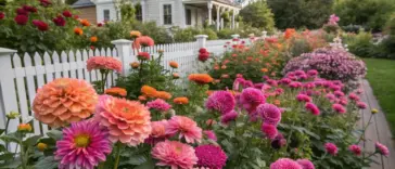A flourishing zinnia and dahlia garden stretches along a white picket fence, featuring large double-petaled dahlias in peach, coral, orange, and pink hues. Lush green foliage surrounds the blooms, with a cream-colored house visible behind the garden. A wooden walkway borders the flower bed, which basks in bright sunlight, creating a classic American garden scene.
