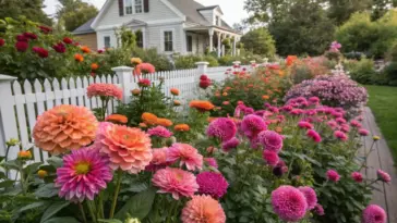 A flourishing zinnia and dahlia garden stretches along a white picket fence, featuring large double-petaled dahlias in peach, coral, orange, and pink hues. Lush green foliage surrounds the blooms, with a cream-colored house visible behind the garden. A wooden walkway borders the flower bed, which basks in bright sunlight, creating a classic American garden scene.