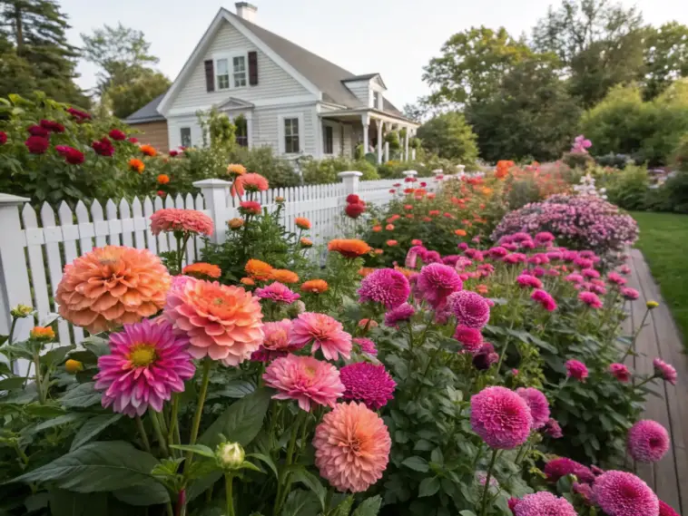 A flourishing zinnia and dahlia garden stretches along a white picket fence, featuring large double-petaled dahlias in peach, coral, orange, and pink hues. Lush green foliage surrounds the blooms, with a cream-colored house visible behind the garden. A wooden walkway borders the flower bed, which basks in bright sunlight, creating a classic American garden scene.