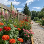 A gravel pathway winds through a vibrant zinnia and snapdragon garden, where wooden raised beds overflow with coral, orange, and red zinnias alongside pink snapdragons. Tall foxgloves in pink and white line a light brown fence, while trees and shrubs create a lush green backdrop under a partly cloudy sky.
