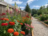 A gravel pathway winds through a vibrant zinnia and snapdragon garden, where wooden raised beds overflow with coral, orange, and red zinnias alongside pink snapdragons. Tall foxgloves in pink and white line a light brown fence, while trees and shrubs create a lush green backdrop under a partly cloudy sky.