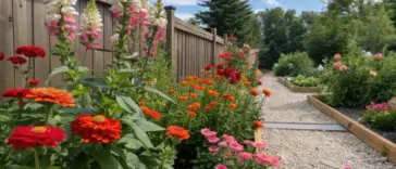 A gravel pathway winds through a vibrant zinnia and snapdragon garden, where wooden raised beds overflow with coral, orange, and red zinnias alongside pink snapdragons. Tall foxgloves in pink and white line a light brown fence, while trees and shrubs create a lush green backdrop under a partly cloudy sky.