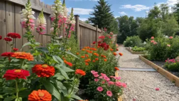 A gravel pathway winds through a vibrant zinnia and snapdragon garden, where wooden raised beds overflow with coral, orange, and red zinnias alongside pink snapdragons. Tall foxgloves in pink and white line a light brown fence, while trees and shrubs create a lush green backdrop under a partly cloudy sky.
