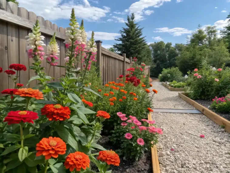 A gravel pathway winds through a vibrant zinnia and snapdragon garden, where wooden raised beds overflow with coral, orange, and red zinnias alongside pink snapdragons. Tall foxgloves in pink and white line a light brown fence, while trees and shrubs create a lush green backdrop under a partly cloudy sky.