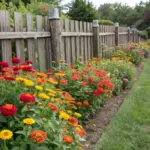 Outdoor shot of a vibrant zinnia garden along fence, with red, orange, and yellow blooms amid green foliage. Beyond the weathered wooden fence, a well-kept lawn extends toward distant trees.