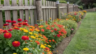 Outdoor shot of a vibrant zinnia garden along fence, with red, orange, and yellow blooms amid green foliage. Beyond the weathered wooden fence, a well-kept lawn extends toward distant trees.