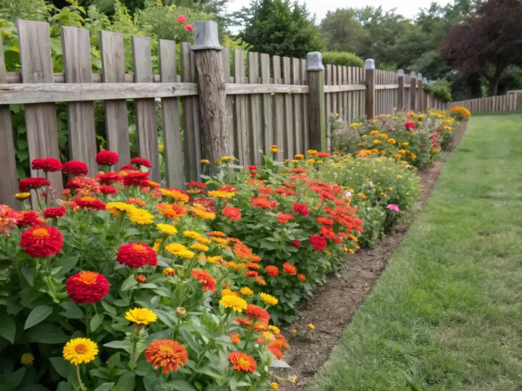 Outdoor shot of a vibrant zinnia garden along fence, with red, orange, and yellow blooms amid green foliage. Beyond the weathered wooden fence, a well-kept lawn extends toward distant trees.
