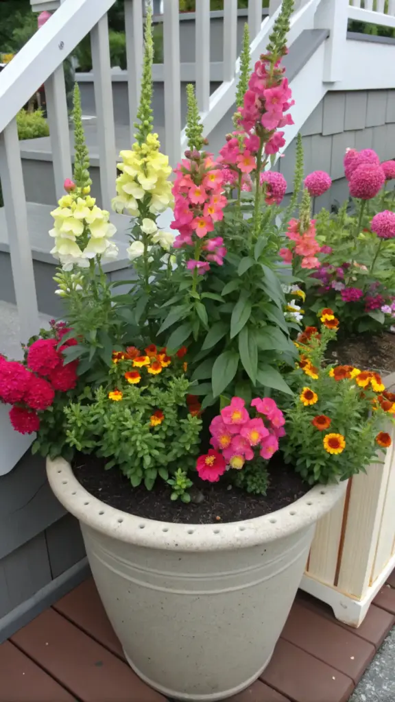 A lush zinnia and snapdragon garden flourishes in a large, barrel-shaped beige planter on a dark wooden deck. Pink and yellow snapdragons stand tall among bright orange marigolds, deep pink pompom blooms, and vivid petunias, creating a dense display of summer colors. The planter, decorated with evenly-spaced rim holes, sits against light gray composite stairs and house siding, with additional plantings visible along the steps.