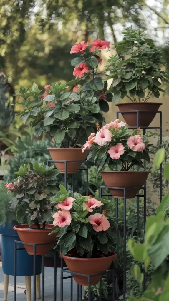 A photo of a multi-level container garden with various hibiscus plants in full bloom. The containers are placed on stands of different heights, creating a tiered effect. The background contains lush greenery. The overall scene is bathed in soft, warm light.